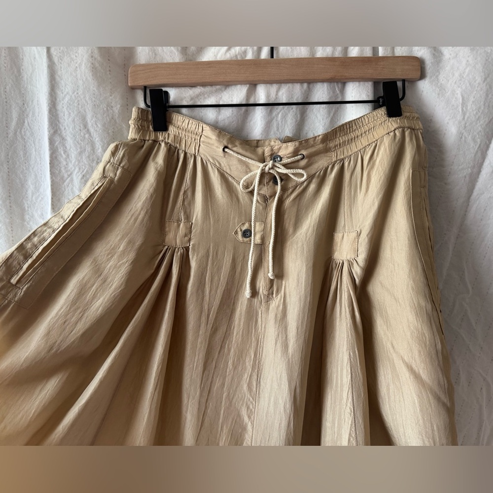 Vintage Silk Chaus Tan A-Line Skirt with Drawstring and Pleats - Picture 6 of 11